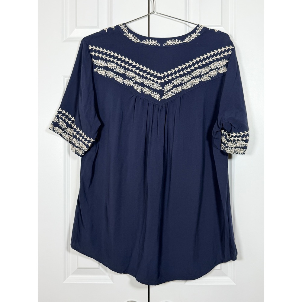 Bob Timberlake Navy Blue Embroidered Boho Split Neck Rayon Blouse Womens Large - Picture 5 of 5